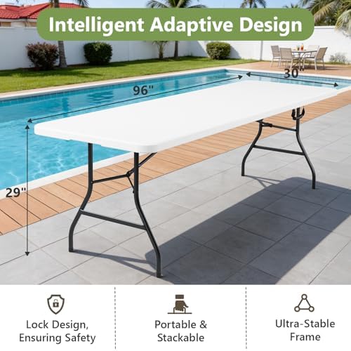 8FT Folding Table, Heavy Duty Plastic Fold-in-Half Utility Table with Handle, Portable Camping Picnic Table with Steel Legs for Indoor Outdoor Party, Dining, White