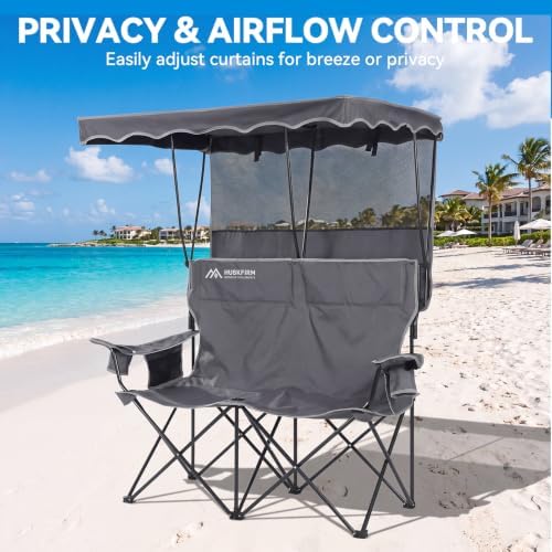 Double Camping Chair with Canopy,2 Person Folding Chair with Canopy, Grey