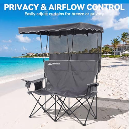 Double Camping Chair with Canopy,2 Person Folding Chair with Canopy, Grey