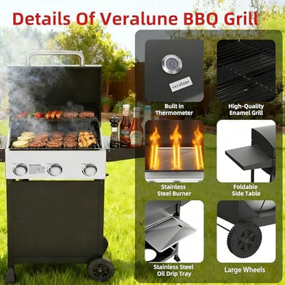 Veralune 3 Burner Gas Grill, Outdoor Propane Grill with Wheels, 445 SQ. IN