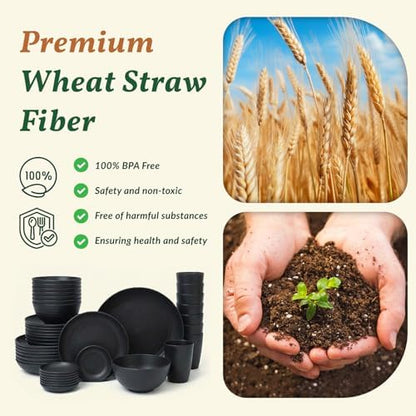 Homienly Plates and Bowls Sets, 40-Piece Modern Wheat Straw Dinnerware Sets for 8 Unbreakable Kitchen Dinner Set Microwave and Dishwasher Safe Dishes Set for Apartment, Party, Outdoor, RV (Black)