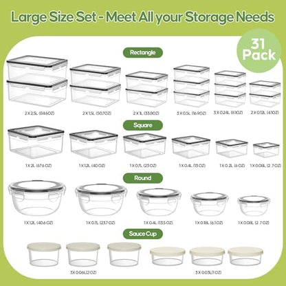 62 PCS Large Food Storage Containers with Lids Airtight Reusable Plastic