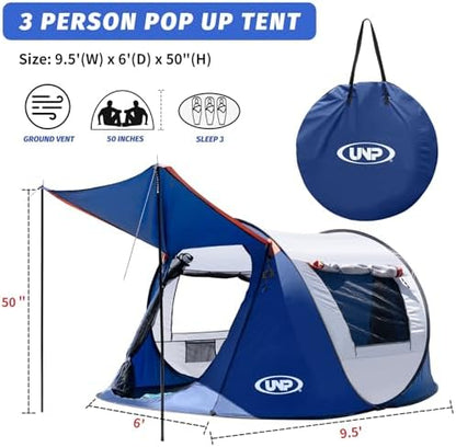 Pop-up Tent, 3 Person Camping Tent, Instant Portable Beach Tent, Easy Pop Up Shade Tents 2 Doors for Camping Hiking & Traveling with Carrying Bag
