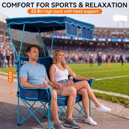 Huskfirm Double Camping Chair with Canopy Shade Folding Heavy Duty Blue