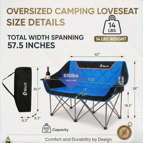 EMERIT Oversized Fully Padded Camping Chair, Heavy Duty 650LB Folding Camping Loveseat, Quad Fold Double Camping Couch with Cup Holders & Carry Bag for Outdoor, Lawn, Sports Events Blue