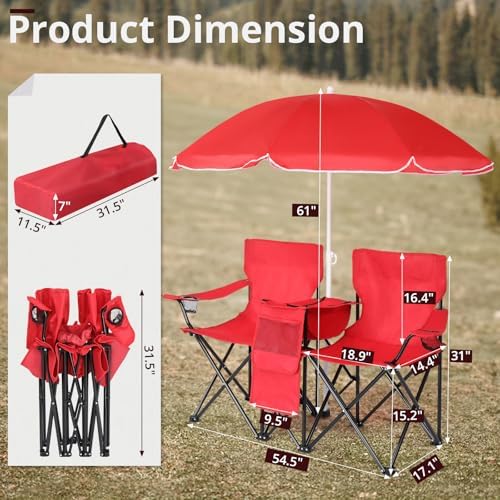 Outvita Folding Double Camping Chair w/Umbrella, Cooler for Beach Patio L