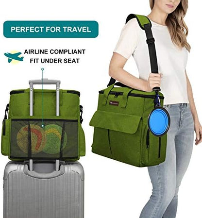 Modoker Weekend Dog Travel Bag Set with 2 Food Bags, 2 Bowls and Mat,Green