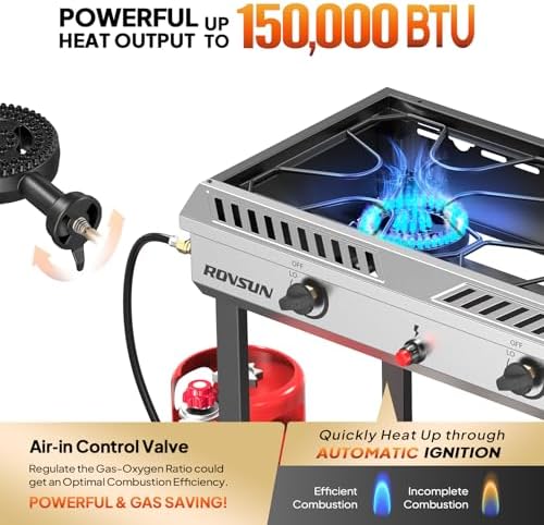 ROVSUN 2 Burner Outdoor Propane Gas Stove with Auto-ignition, Regulator & Shelf, 150,000 BTU Powerful Stand Cooker for Backyard Patio Cooking Home Brewing Canning Turkey Frying