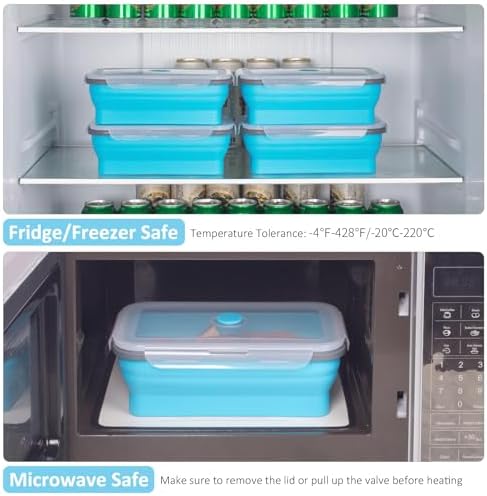 Extra Large Collapsible Food Storage Containers with Lid & Air Vent, 58 oz, 4 Pack, XL Collapsible Marinade Container with Lid Foldable Silicone Containers, Microwave Freezer Dishwasher Safe, Blue