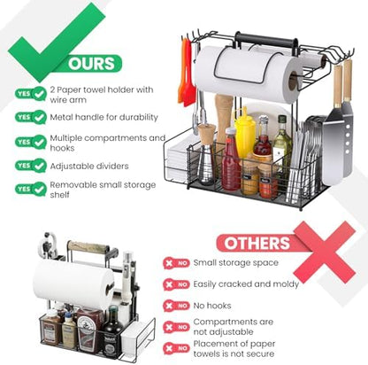 Grill Caddy for Outdoor Grill with 2 Paper Towel Holders,Barbecue Tool Sets Storage Organizer,BBQ Caddy for Outdoor Grill with 9 Compartments & 8 Hooks,Picnic Caddy Grilling Gifts for Men (16.6Inch)