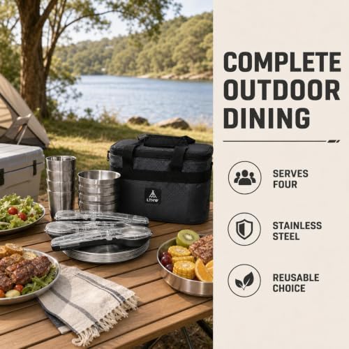 Camping Dinnerware Set, 304 Mess Kit, Portable for 3-4 Person, with Bag