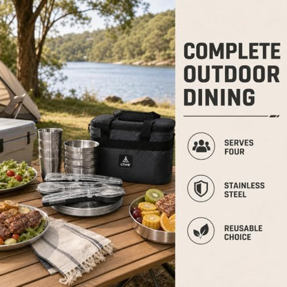 Camping Dinnerware Set, 304 Mess Kit, Portable for 3-4 Person, with Bag