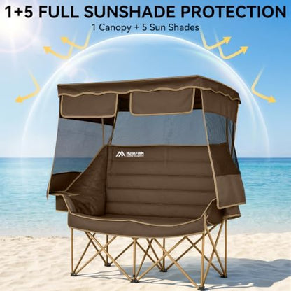 Huskfirm Double Camping Chair with Canopy Shade Folding Heavy Duty Brown