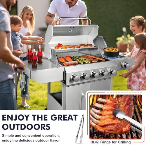 Llamaviva 5 Burner Propane Gas Grill with Side Burner,Stainless Steel BBQ Grill with Porcelain-Enameled Cast Iron Grates, 68000 BTU Cabinet-Style Cart Design for Outdoor Patio Barbecue- food clip