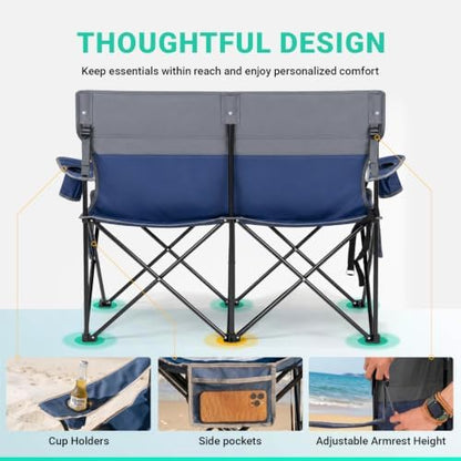 Overmont Double Camping Chair Compact Folding Loveseat with Cup Holders