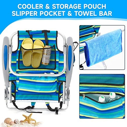 2 Pack Lightweight Portable Camping Beach Chair for Adults, Outdoor Lay Flat Folding Beach Chairs with 5 Positions, Backpack Beach Chair with Towel Bar, Zipper Pouch, Cup Holder, Ocean Striped