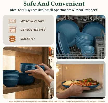 Homienly Wheat Straw Dinnerware Sets for 8, 40 Pcs Unbreakable Plates and Bowls Sets, Microwave Dishwasher Safe Dish Set, Reusable Plastic Dishes for Kitchen, Camping, Deep Plates for Salad (Blue)