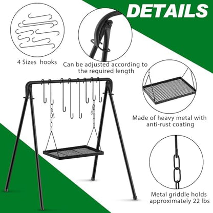 Rossesay Grill Swing Campfire Stand Campfire Cooking Equipment Adjustable Camping Accessories Cookware Hanging Rack with 8 Hooks and Portable Grill Stand for BBQ Picnic Outdoor Party