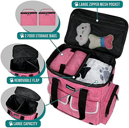 PetAmi Dog Travel Bag Pet Supplies Accessories Organizer for Traveling, Camping, Weekend; Cat Pet Travel Bag Kit Includes 2 Food Storage Containers, 2 Collapsible Bowls, 1 Feeding Mat (Pink)