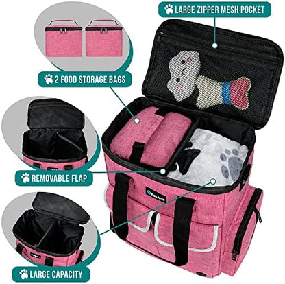 PetAmi Dog Travel Bag Pet Supplies Accessories Organizer for Traveling, Camping, Weekend; Cat Pet Travel Bag Kit Includes 2 Food Storage Containers, 2 Collapsible Bowls, 1 Feeding Mat (Pink)