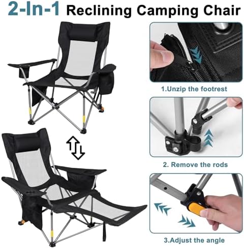 Romswi 2Pack 4-Position Reclining Camping Chair with Removable Footrest, 2-in-1 Adjustable Portable Lounge Chair with Cooler Bag, Cup Holder, Side Pockets & Carry Bag for Outdoor, Mesh Black