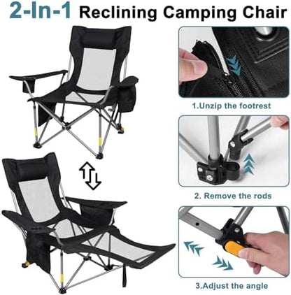 Romswi 2Pack 4-Position Reclining Camping Chair with Removable Footrest, 2-in-1 Adjustable Portable Lounge Chair with Cooler Bag, Cup Holder, Side Pockets & Carry Bag for Outdoor, Mesh Black