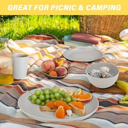 LIYH Grey 16 Pcs Unbreakable Wheat Straw Dinnerware Sets Kids BPA Free