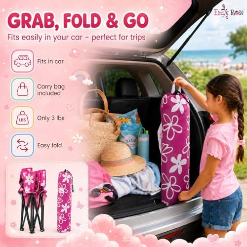 Emily Rose Kids Pink Folding Beach Camp Chair with Cup Holder Safety Lock & Carry Case - Toddler Girls Chair Ages 2-7 Indoor Outdoor Lightweight Portable - Floral Design 125lb Capacity