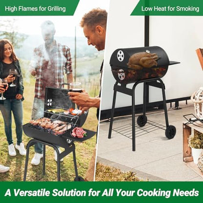 33.8" Portable Barrel Charcoal Grill,Metal Outdoor Barbecue Smoker,Heavy Duty Outdoor BBQ Grill,Vertical Camping Barbecue Grill,with Side Table & Wheels,for Garden Patio Beach Backyard (Black)