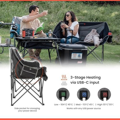 ARROWHEAD OUTDOOR Wide Duo Foldable Heated Camping Loveseat Chair, Black