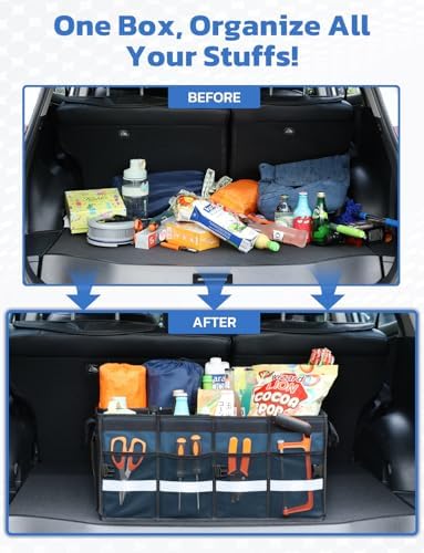 Oasser Car Trunk Organizer with Foldable Soft Lid, 55L 3 Compartments Blue