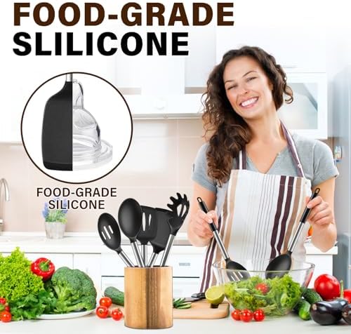 5Pcs Silicone Cooking Utensils Set, Heat Resistant Kitchen Tools Include Solid&Slotted Spatula, Cooking Spoon and Pasta Server, Silicone Kitchen Utensils set for Nonstick Cookware Flipping, Black