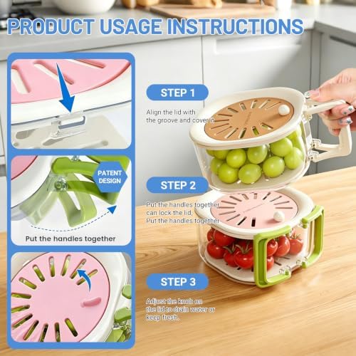 Berry Washing Bowl, Colander Strainer Fridge Organizer Storage Container with Switchable Lid, Fruit Veggie Wash Basket and Draining Bowl, Multifunctional Produce Washer for Kitchen Fridge