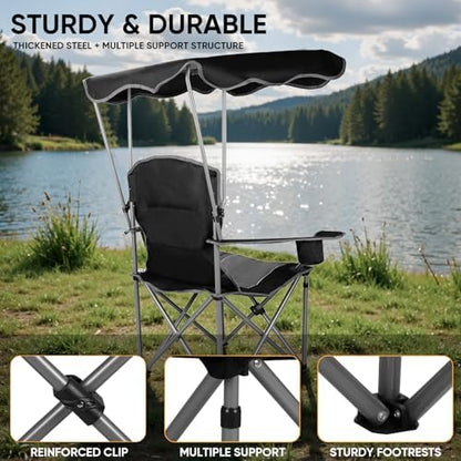 Northroad Folding Camping Chairs with Canopy Shade, Beach Chair w/Cup Holders, Armrests & Carry Bag for Outdoors Travel Sports Fishing, Black