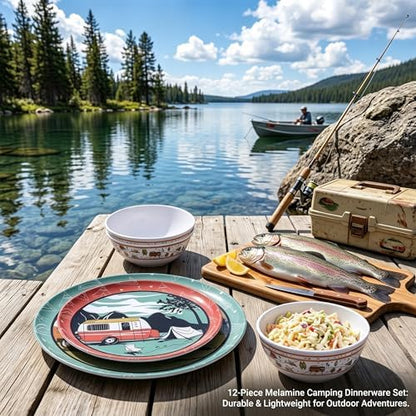 Melamine Dinnerware Set, 12-Piece Camping Dishes, Service for 4