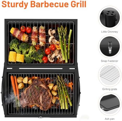 Portable Charcoal Grill with Warming Rack, Wooden Handle, Tabletop BBQ Grill for Outdoor Barbecue Camping Picnic Backyard Patio, Black