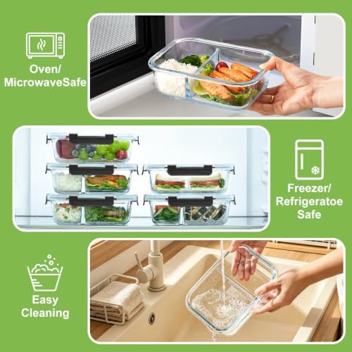 Glass Meal Prep Containers with Dividers, 1 & 2 & 3 Compartments 6 Pack