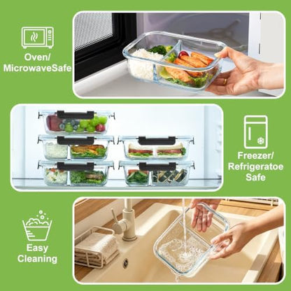 Glass Meal Prep Containers with Dividers, 1 & 2 & 3 Compartments 6 Pack