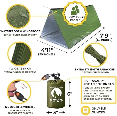 2-Person Ultralight Mylar Survival Tent, All-Weather, Emergency Whistle