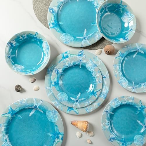 12 PCS Melamine Dishes Dinnerware set, Coastal Plate and Bowls Set