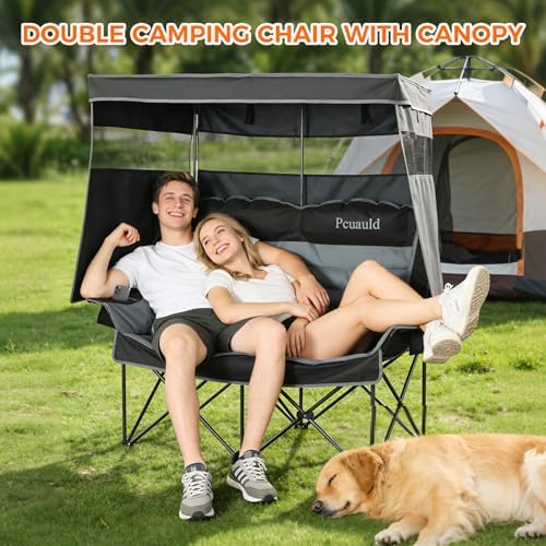 Double Camping Chair with Canopy Heavy Duty 2 Person Folding Loveseat Beach Chair with Shade High Back Oversized Outdoor Camping Couch with Cup Holders & Wine Racks for Lawn, Fishing, Sports