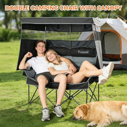 Double Camping Chair with Canopy Heavy Duty 2 Person Folding Loveseat Beach Chair with Shade High Back Oversized Outdoor Camping Couch with Cup Holders & Wine Racks for Lawn, Fishing, Sports