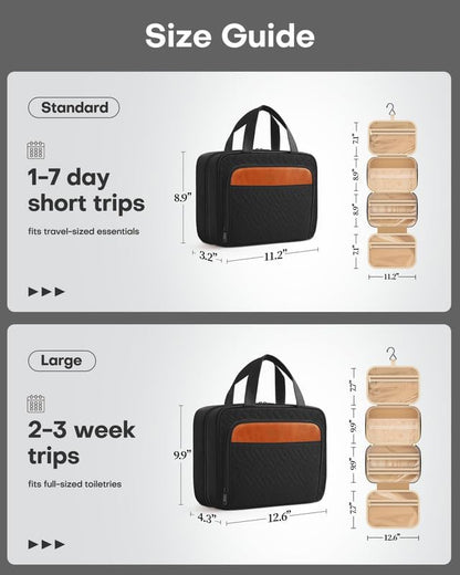 HOTOR Travel Toiletry Bag for Women & Men, Waterproof Makeup Bag with Hanging Hook and Multiple Pockets, Cosmetic Bags for Women, Travel Essentials, 11.2'' x 3.2'' x 8.9'', Black & Brown