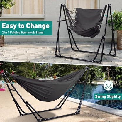 Ainfox Hammock with Foldable Stand, 2 in 1 Hammock and Swinging Chair with Carrying Bag, Portable Camping Chair Suitable for Outside, Swing,Patio,Garden,Camping Trip Grey