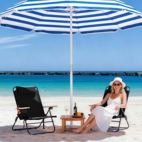 2 Pack Premium 5-Position Reclining Camping Chair - Portable Folding Lightweight Outdoor Chair with Wooden Armrests, Headrest & Pockets, 350lbs Heavy Duty for Beach, Patio, Backyard, Black