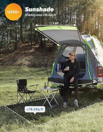 JOYTUTUS Semi-Automatic Truck Bed Tent with Awning, Easy Set-up with Pre-Assembled Design, 2 Person Portable Truck Camping Tent with Rainfly for 5.0FT-6.5FT Pickup Truck Bed, Waterproof PU2000mm