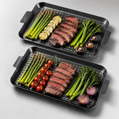 2PCS Grill pan: Grill topper for outdoor grill - Non-stick enamel coating grill topper suitable for camping, picnic, party