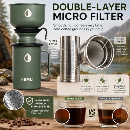 16 oz Pour Over Camping Coffee Maker Set– Vacuum Insulated Mug with Leakproof Lid, Stainless Steel Micro Filter, Portable Coffee Maker for Camping, Travel & Outdoor Adventures