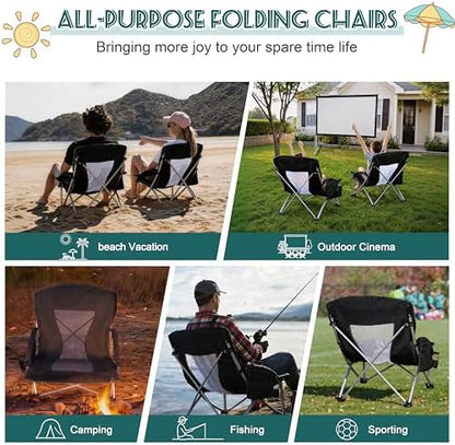 HaSteeL Low Beach Chairs for Adults, Lightweight Camping Folding Chair with Carrying Bag, Portable for Outdoors Lawn Backyard Patio RV Trip Fishing Sport Tailgating, Support 300LBS, Black, 2 Pack