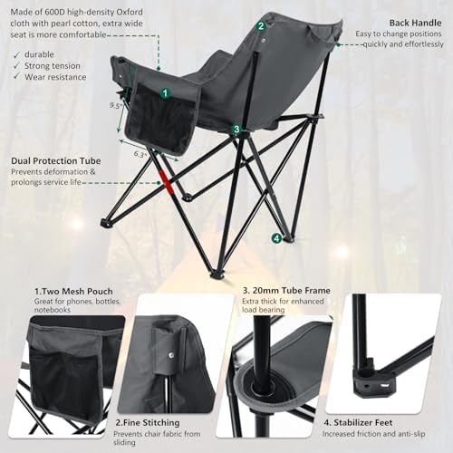 Leonyo Camping Chairs for Adults, 2 Pack Folding Lawn Chair & Table, Grey